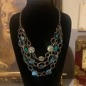 Vintage statement 3 Multi-Strand Blue and Silver Necklace
